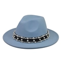 Close-up of light blue wool fedora hat with black band and faux pearl embellishments - Sky Blue Fedora with Pearl Chain