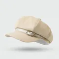 Beige newsboy hat in TR twill fabric with white leather strap and gold buckle - One Size / Bow Leather Buckle-Beige