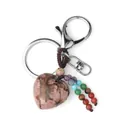 Pink heart natural stone keychain with braided rope and colorful chakra beads accent - Rhodochrosite (Multi-Color Chakra Beads)