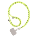 Detail of adjustable neon green nylon phone lanyard with metal ends and a secure tether tab - White Patch + Fluorescent Green Rope