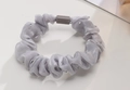 Elastic gray scrunchie with rhinestones and rectangular buckle on white background - Rhinestone Small Scrunchie - Grey
