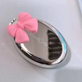 Spazzola pieghevole rosa con specchio e finitura metallica argento per donne - Spazzola per specchio pieghevole ovale galvanizzata con fiocco rosa