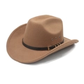 Classic camel western cowboy felt hat with wide brim, black leather band and metal buckle - M (56-58cm) / Khaki