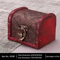 Retro small wooden jewelry box in dark red with floral relief and bronze metal buckle - Coin Pattern