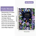 A5 2026 weekly planner with dark blue floral cover and premium 100g paper in spiral bind - Violets (2026)