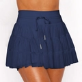 Navy blue tiered mini skirt with ruffled lace layers and drawstring waist detail - M / Navy Blue
