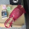 Rose red woven tote bag with tassel fringe and wooden rings for summer beach vacations - Rose Red (with inner bag)