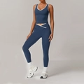 Navy blue high-waisted yoga set with white contrast trim and cross waist design - S / Top And Bottom (Tank Top + Long Pants) / Navy Blue