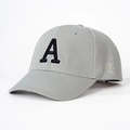 Detail of grey cotton baseball cap showing 3D letter A embroidery and side cross pattern - Gray