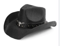 Chapeau de cowboy tressé noir orné d'une tête de taureau argentée et de rivets en métal - M(56-58cm) / 01 Noir