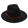 Detail of black wool fedora featuring a brown faux leather belt with metal buckle - One Size (57cm) / Black