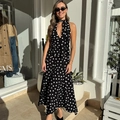 Detail of elegant black and white polka dot halter maxi dress with matching neck scarf - S / Black