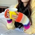 Gants en peluche sans doigts à rayures arc-en-ciel pour femmes en maille douce - Taille unique / Orange Beige Rose Rouge