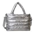 Quilted silver padded tote bag with puffy down material and adjustable shoulder strap - Silver