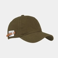Detail of army green cotton baseball cap featuring side fabric label with leather buckle - Army Green