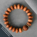 Thuja sutchuenensis wood bracelet with 9x12mm abacus beads and engraved coin bead - Abacus Fortune Luck Style