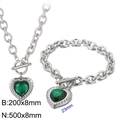 Silver stainless steel jewelry set with green crystal hearts and OT toggle clasp - Silver 2-Piece Set - Green Gem (KS197656-Z)