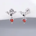 Gothic 316L steel bat stud earrings with vibrant red heart-shaped crystals - 0.8mm Gauge x 6mm Length / Silver Bat Heart (Style 11)