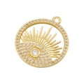 Gros plan détaillé d'un pendentif en or en forme de soleil avec zircone et motif d'oeil central - Œil protecteur / Doré