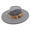 Close-up of grey wool fedora hat with khaki ribbon and golden bee metallic detail - M (56-58cm) / Light Gray