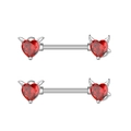 Silver barbell nipple rings with red heart stones, featuring angel wings and devil horns - Red Wing Devil Style (2738) / Steel