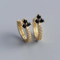 Luxurious gold flower hoop earrings with black petals and sparkling white zircon stones - 925 Silver / Golden (Black Stone)