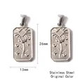 Silver stainless steel rectangular pendant with engraved rose and star 26mmx13mm - Rose Sun Star Rectangle Pendant (P00117S)