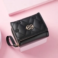 Short black trifold wallet for women with diamond quilting and gold logo detail - Black