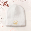 White knit beanie featuring a pumpkin embroidery for Halloween, soft autumn warmth style - One Size / White