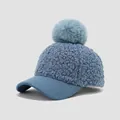 Detail of soft lamb wool baseball cap with faux fur pompom and suede brim for kids - 54cm (3-8 Years) / Fur Ball Style / Blue