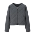 Women's dark grey quilted diamond pattern jacket with round neck and metal zipper closure - S / Dark Gray