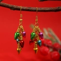 Golden Christmas tree earrings with colorful rhinestone bulb pendants on a festive red backdrop - 21 Imitation Gold 1405