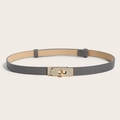 Detailed view of grey slim belt featuring a gold rhinestone-encrusted swivel lock buckle - Rhinestone Buckle (Gold) Cross Pattern Adjustable Belt (Grey)