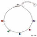 Silver stainless steel anklet with five colorful round zircon charms and lobster clasp - Silver + Colorful Zircon (JAP353)