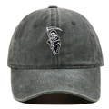 Close-up of Grim Reaper embroidery on washed dark grey cotton baseball cap - One Size / Army Green