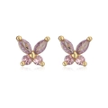 Detail of elegant gold butterfly earrings with purple and pink zircon inlay stones - Gold Purple & Pink Zircon