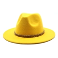 Detail of bright yellow wool fedora featuring a brown braided band and smooth felt texture - M (56-58cm) / Yellow