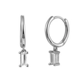 Elegant silver huggie hoop earrings with rectangular baguette-cut clear zircon pendants - Silver + Clear Zircon