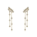 Detail showing S925 silver needle tassel earrings with zircon stones on white background - Gold (White Zirconia)