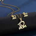 Macro view of gold I LOVE MOM necklace and earrings set on a premium matte display - TZ-328 Gold/I LOVE MOM