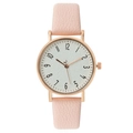 Elegant women's quartz watch with pink leather strap and rose gold metal case on white background - Pink