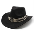 Black western cowboy hat with studded leather belt and vintage metal sunburst badge - M(56-59CM) / Black