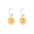French style gold镂空hoop earrings with pink resin stone in a bohemian design - Gold Red