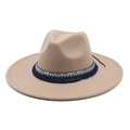 Detailed side view of khaki wide brim fedora with ethnic beaded band and blue tassels - M (56-58cm) / Khaki