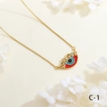 Macro detail of Evil Eye necklace with colored enamel inlay and zircon accents - Red Colorful Border Style (NE2255-C-1)