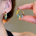 Detail of colorful crystal bead hoop earrings featuring elegant gold hardware settings - Colorful Sugar Cube Hoop (40# Silver Needle)