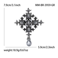 Baroque silver cross brooch with grey crystals and hanging pearl drop ornament - Antique Silver-Grey
