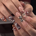 Y2K almond press-on nails with circus stripes, stars, and 3D metallic beads - Y2K Star Pattern Almond Press On Nails (JP4041)