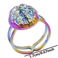Detail view of iridescent stainless steel ring with 1.5cm textured circular face and open band - Colorful