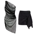 Sexy black one-shoulder mesh top and mini skirt two-piece swimwear set for women - S / Two-Piece Set (Swimsuit + Wrap Skirt)